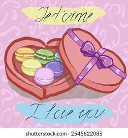 Caja en forma de corazón con macarrones. Y las palabras "te amo" en francés. Dibujo a mano, patrón de Vector escrito a mano con textura y colores interesantes. Perfecto para el día de San Valentín.