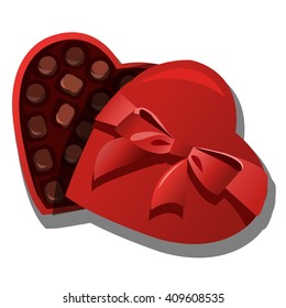 Box of heart shaped chocolates isolated on a white background. Vector cartoon close-up illustration.