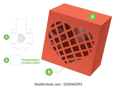 Caja con la ventana en forma de corazón con la plantilla de corte de muelles y la mofa 3D