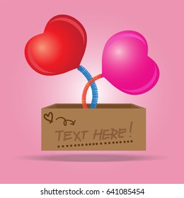 Box with a heart sign symbol jumping out on a spring, vector illustration.