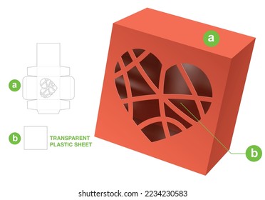 Box with heart window die cut template and 3D mockup