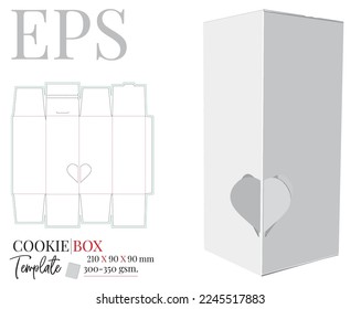 Box with heart window, template. Vector with die cut, laser cut layers. White, clear, blank Gift Box mock up isolated on white background. Perspective view Box with side heart shape window 