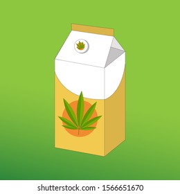 Box with hemp milk vector graphics Canabis milk in a tall box of white yellow with hemp leaf emblem on a green background.