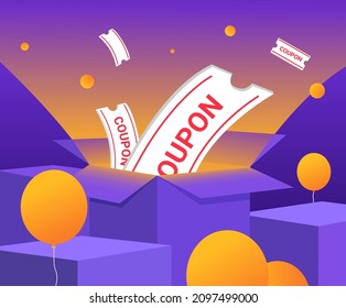 A box with huge benefits and discount coupons among various boxes during the festival season illustration set. sale, balloon, lotto, firecracker, gift. Vector drawing. Hand drawn style.