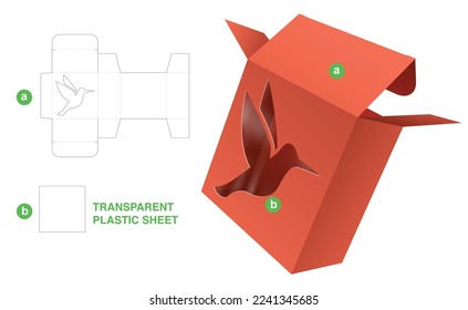 Box with hummingbird icon window die cut template and 3D mockup