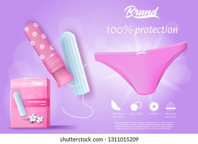 Box of Hygienic Tampons with Applicators. Breathing, Soft and Cotton Icons. Feminine Hygiene Products. Pink Female Underpants. Lady Comfort and Protection Concept. Banner Ad. Vector EPS 10.