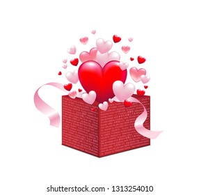 Box with -I love you- text international, in many languages with many hearts, Card for greetings, 
Vector illustration isolated on white background