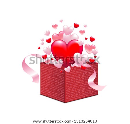 Box with -I love you- text international, in many languages with many hearts, Card for greetings, 
Vector illustration isolated on white background