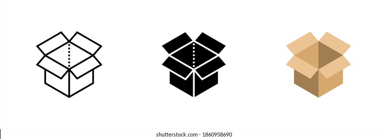 Icono de caja de 3 tipos: color, blanco y negro, contorno. Aislado sobre fondo blanco. modificable por color