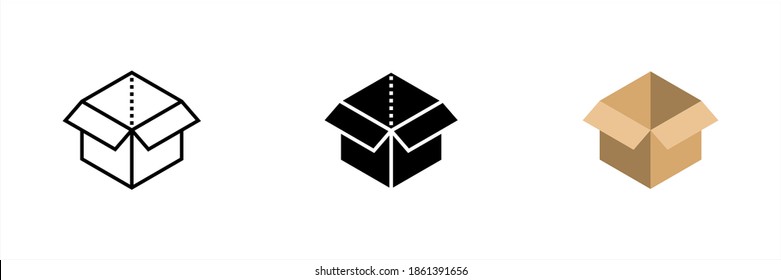 Icono de caja de 3 tipos: color, blanco y negro, contorno. Aislado sobre fondo blanco. modificable por color