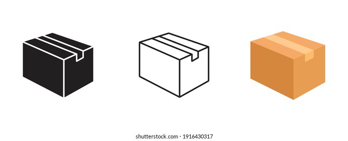 Icono de caja en 3 tipos de estilo, contorno, color, negro y blanco, caja de entrega, Paquete, cajas de exportación, carga, símbolo de signo de vector aislado.