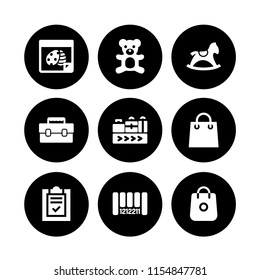box icon. 9 box set with conveyor belt, bar code, list and decorated vector icons for web and mobile app