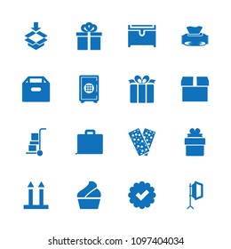 Box icon. collection of 16 box filled icons such as chest, parcel, bandage, present, gift, case, tick, baby napkin, cream, safe. editable box icons for web and mobile.