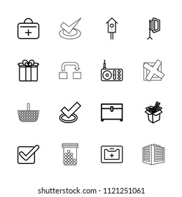 Box icon. collection of 16 box outline icons such as chest, tick, noodles fast food, nesting house, present, radio, medical kit. editable box icons for web and mobile.