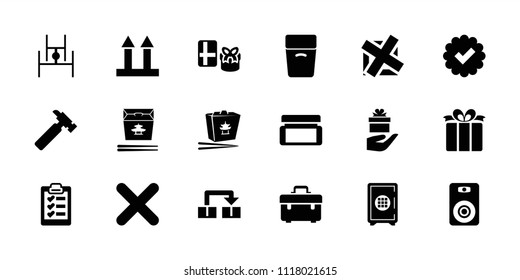 Box icon. collection of 18 box filled icons such as hummer, gift, chinese fast food, cargo arrow up, present, cross, clipboard, tick. editable box icons for web and mobile.