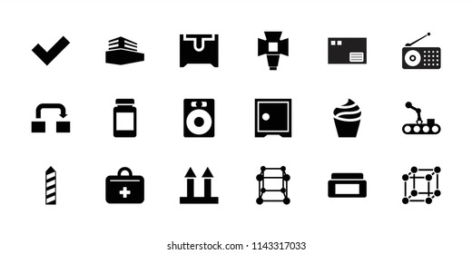 Box icon. collection of 18 box filled icons such as cream, cube, speaker, cargo arrow up, first aid kit, tick, conveyor and robot arm. editable box icons for web and mobile.