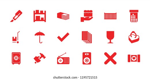 Box icon. collection of 18 box filled icons such as gift, bandage, fragile cargo, cross, storage, safe, speaker, case with heart. editable box icons for web and mobile.