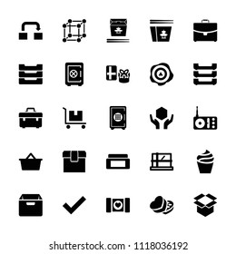 Box icon. collection of 25 box filled icons such as parcel, cream, safe, gift, handle with care, radio, shopping bag, cube. editable box icons for web and mobile.