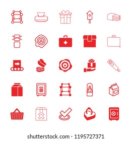 Box icon. collection of 25 box filled and outline icons such as safe, cube, tick, gift on hand, shopping bag, take away food. editable box icons for web and mobile.