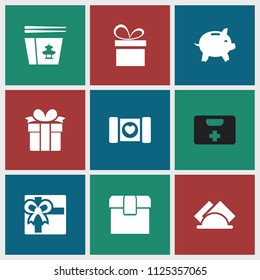 Box icon. collection of 9 box filled icons such as gift, napkin, present, chinese fast food, case with heart. editable box icons for web and mobile.