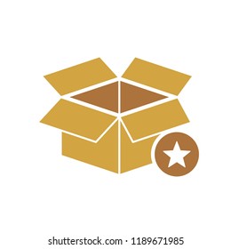 Box icon, delivery and shipping, open package, unbox icon with star sign. Box icon and best, favorite, rating symbol. Vector