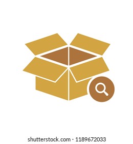 Box icon, delivery and shipping, open package, unbox icon with research sign. Box icon and explore, find, inspect symbol. Vector