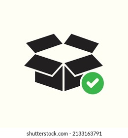 Box icon, delivery and shipping, open package, unbox icon with check sign. Box icon and approved, confirm, done, tick, completed symbol. Vector