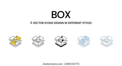 Box Icon Design in Fünf-Stil mit Editable Stroke. Linie, feste, flache Linie, Duo Tone Farbe und Farbverlauf Linie. Geeignet für Webpage, Mobile App, UI, UX und GUI Design.