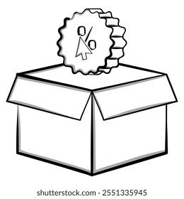 Box icon with discount badge in black outline, Vector