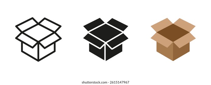 Box icon. Open cardboard container vector illustration. Packaging and delivery symbol for logistics and shipping services. Postal parcel and storage unit pictogram.