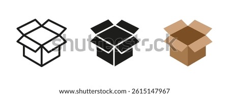 Box icon. Open cardboard container vector illustration. Packaging and delivery symbol for logistics and shipping services. Postal parcel and storage unit pictogram.