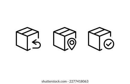 Box icon. Package, delivery boxes, cargo distribution, export, return parcel. Shipment of goods, open package, Open Box, recycled, Contains such priority shipping, express order tracking, crate icons