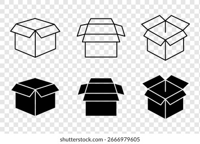 Icono de caja. Paquete, cajas de entrega, distribución de carga, exportación, paquete de devolución. paquete abierto, caja abierta y sellada, reciclado, contiene dicho envío prioritario, seguimiento de pedidos expresos, iconos de cajas. EPS 10.