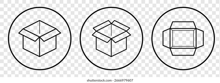 Box icon. Package, delivery boxes, cargo distribution, export, return parcel. open package, Open and sealed Box, recycled, Contains such priority shipping, express order tracking, crate icons. EPS 10.