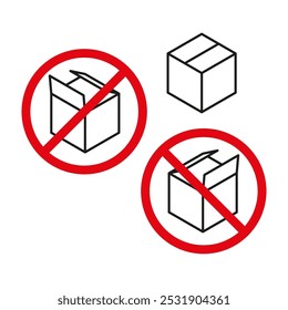 Icono de caja. Caja abierta prohibida. Símbolo de advertencia rojo. Vector de contorno simple.