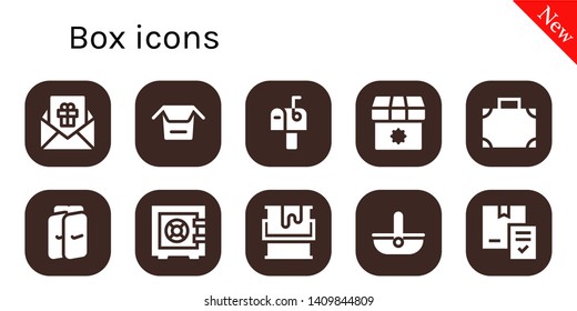 box icon set. 10 filled box icons.  Collection Of - Gift, Noodles, Mailbox, Shop, Suitcase, Shin guards, Safebox, Paint, Basket, Delivery