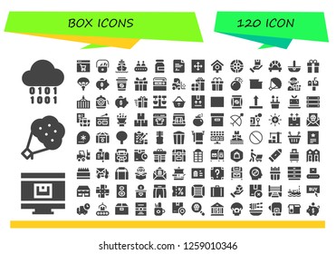  box icon set. 120 filled box icons. Simple modern icons about  - Binary, Online shop, Bouquet, Postman, Shipping, Conveyor, Milk, Exam, Move, Bird house, Gift, Package, Dumpling