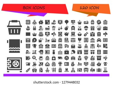  box icon set. 120 filled box icons. Simple modern icons about  - Shopping basket, Safebox, Towel, Safe box, Delivery man, Piggy bank, Box, Cube, Online shop, Package, Paint, Check