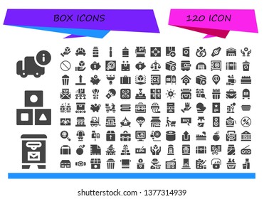 box icon set. 120 filled box icons.  Simple modern icons about  - Delivery, Mail box, Cubes, Cube, Dumpling, Milk, Floss, Punching ball, Paint, Move, Package, Postcard, Marriage