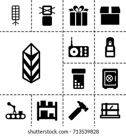 Box icon. set of 13 filled box icons such as parcel, safe, hummer, cargo, present, radio, office supply, conveyor and robot arm, storage