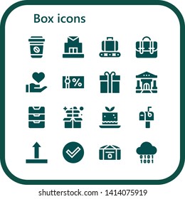 box icon set. 16 filled box icons.  Collection Of - Take away, Post office, Conveyor, Briefcase, Donation, Gift voucher, Gift box, Bank, Inbox, Mousse, Mailbox, Side up, Check