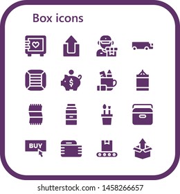 box icon set. 16 filled box icons.  Simple modern icons about  - Strongbox, Upload, Delivery, Cargo truck, Boxes, Piggy bank, Pencil case, Punching ball, Towel, Milk, Portable fridge