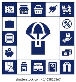 box icon set. 17 filled box icons.  Simple modern icons about  - Sale, Toolbox, Boxes, Delivery, Piggybank, Bomb, Package, Postal, Store, Suitcase, Shopping basket, Shop, Cupid