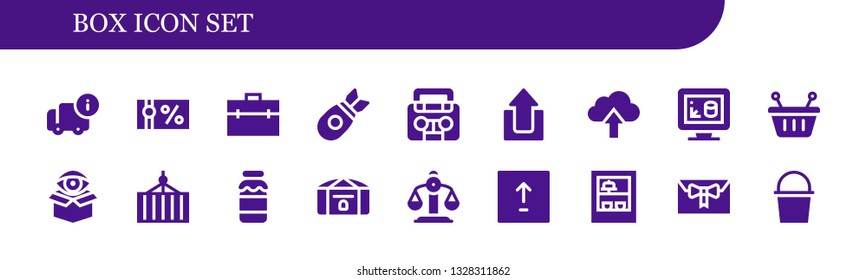 box icon set. 18 filled box icons.  Simple modern icons about  - Delivery, Gift voucher, Briefcase, Bomb, Radio, Upload, 3d print, Basket, Package, Container, Milk, Chest, Balance