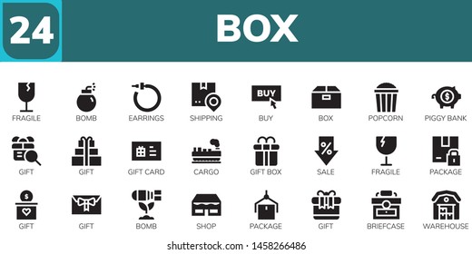 box icon set. 24 filled box icons.  Collection Of - Fragile, Bomb, Earrings, Shipping, Buy, Box, Popcorn, Piggy bank, Gift, Gift card, Cargo, Gift Sale, Package, Shop, Briefcase