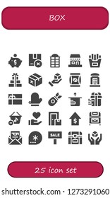  box icon set. 25 filled box icons. Simple modern icons about  - Piggy bank, Package, Phone booth, Shop, French fries, Gifts, Cube, Coffee bag, Telephone booth, Gift card, Mitten