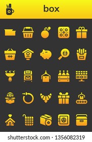 box icon set. 26 filled box icons.  Simple modern icons about  - Warehouse, Pencil case, Shopping basket, Bomb, Pizza, Present, Basket, Bird house, Piggy bank, Online shop, French fries