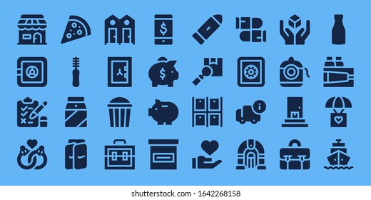 box icon set. 32 filled box icons. on blue background style Simple modern icons such as: Shop, Safe box, Test, Marriage, Pizza, Floss, Milk, Shin guards, Dressing room, Safebox