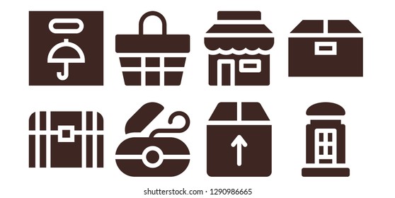  box icon set. 8 filled box icons. Simple modern icons about  - Chest, Fragile, Dental floss, Basket, Box, Shop, Telephone booth
