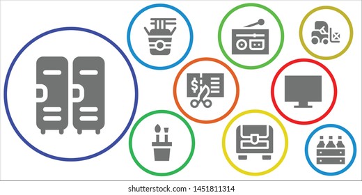 box icon set. 9 filled box icons.  Simple modern icons about  - Lockers, Noodles, Radio, Pencil case, Chest, Voucher, Online shop, Forklift, Beer box